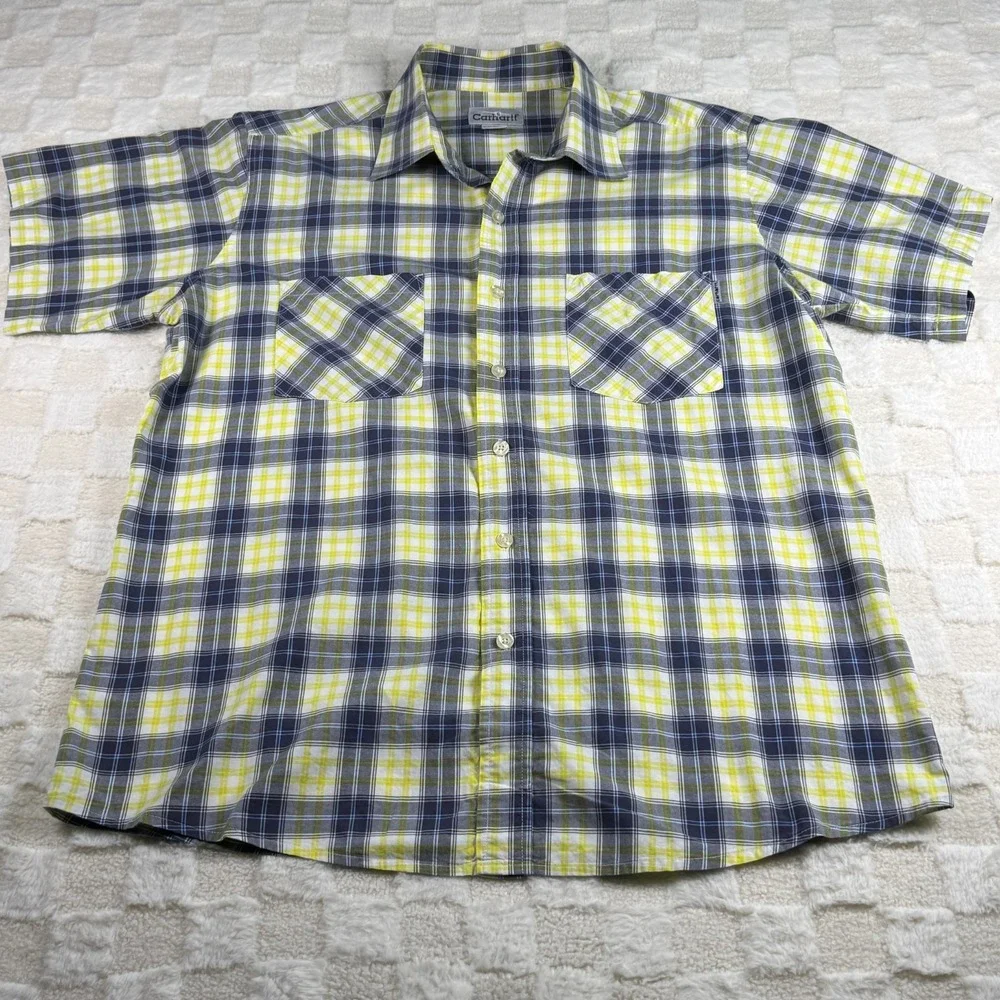Carhartt Men's Short Sleeve Yellow and Gray Button Up Shirt Size Large